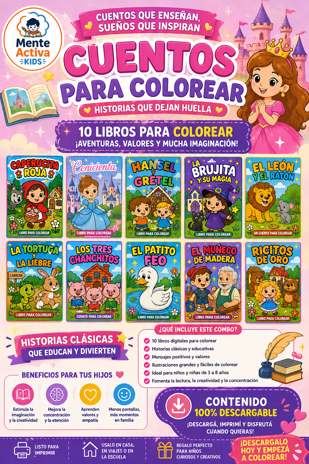 📚 CUENTOS CLÁSICOS PARA COLOREAR – COLECCIÓN DE 10 LIBROS INFANTILES
