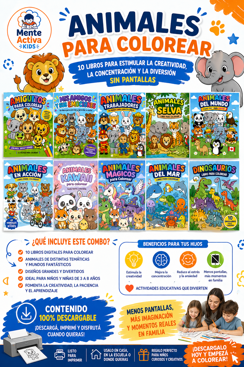 🦁 ANIMALES PARA COLOREAR – COLECCIÓN DE 10 LIBROS INFANTILES
